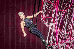 Pink in una delle sue incredibile evoluzioni su tappeti e nastri elastici